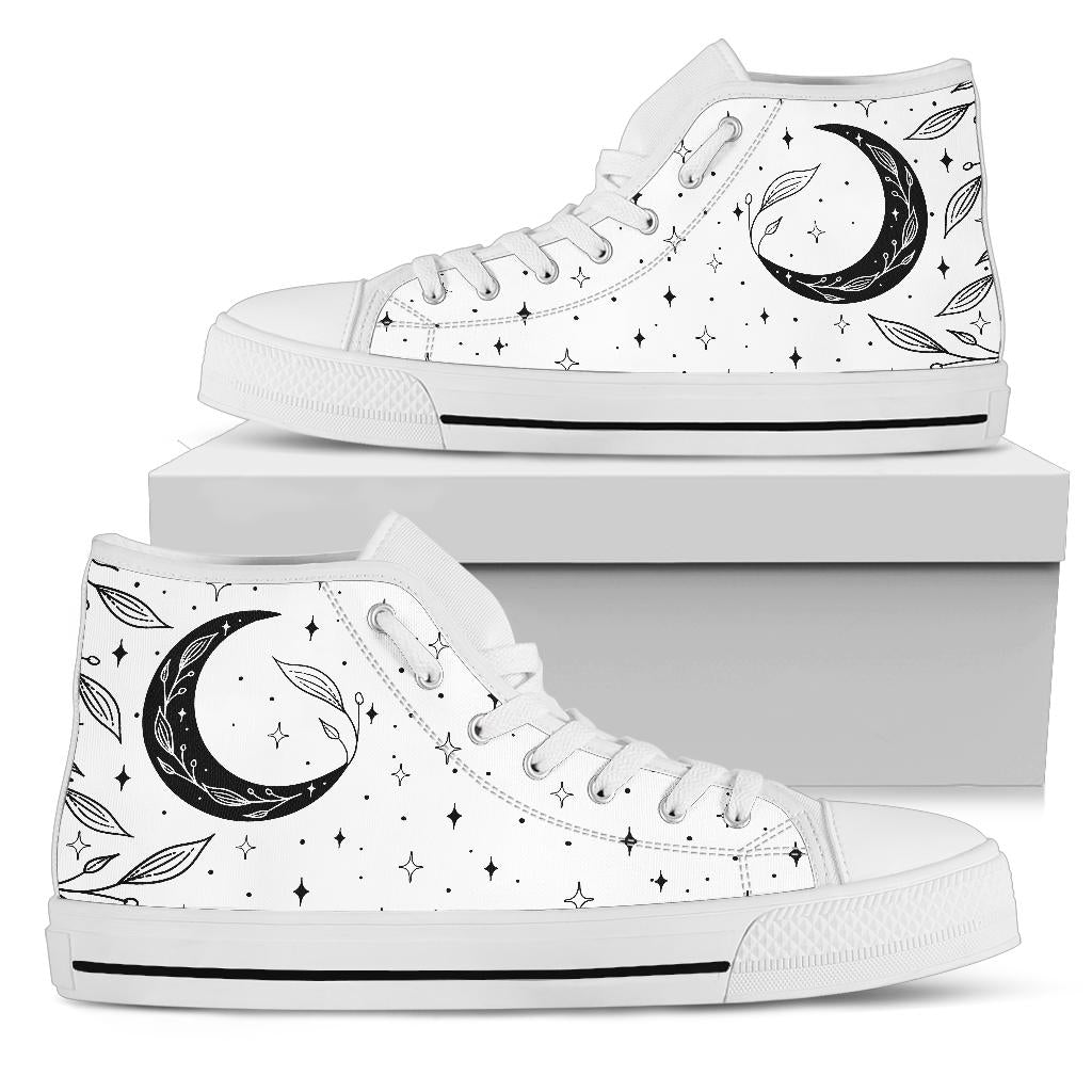 white moon sneakers, witchy high tops mens moon shoes, womens moon shoes