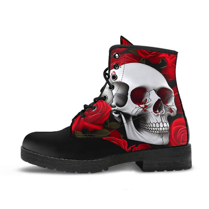 Mens Boots, Skull & Red Roses Boots, Skull and Crossbones, Combat Boots, Vegan Boots, Ankle Boots, Spooky Creepy Costume Goth Boots