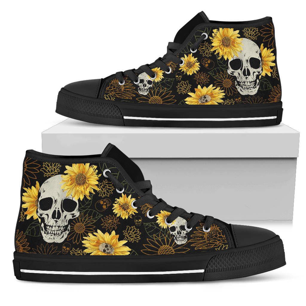 Skulls and Sunflowers Shoes, High Tops, Black Sneakers, Goth Shoes, Men's Women's Ankle Shoes, Punk Rock