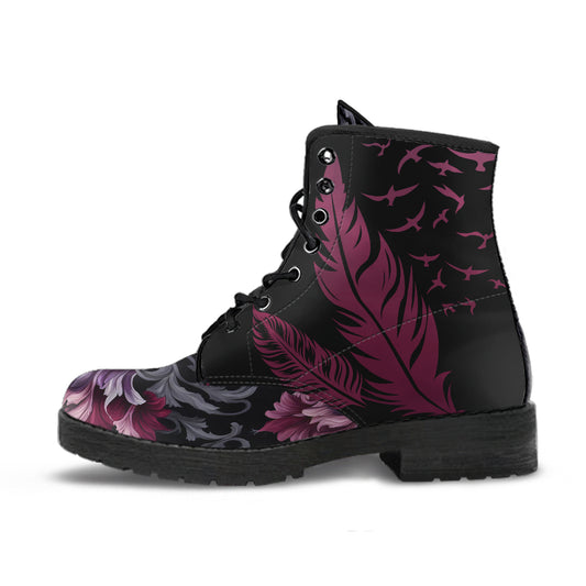 Burgundy Goth Feather Lace Up Ankle Boots, Floral Combat Boots