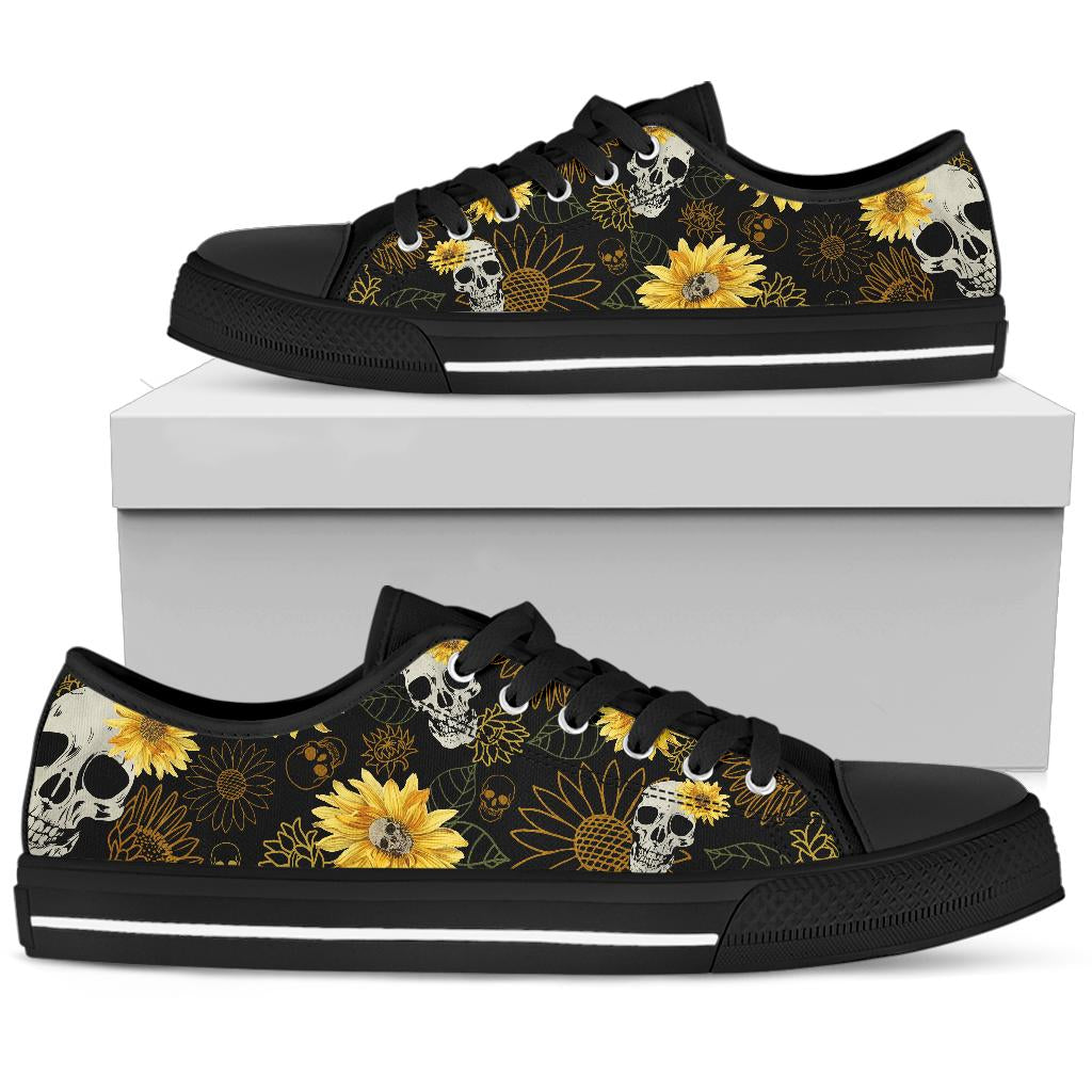 skulls and sunflowers sneakers, black low top shoes, Goth shoes, punk shoes