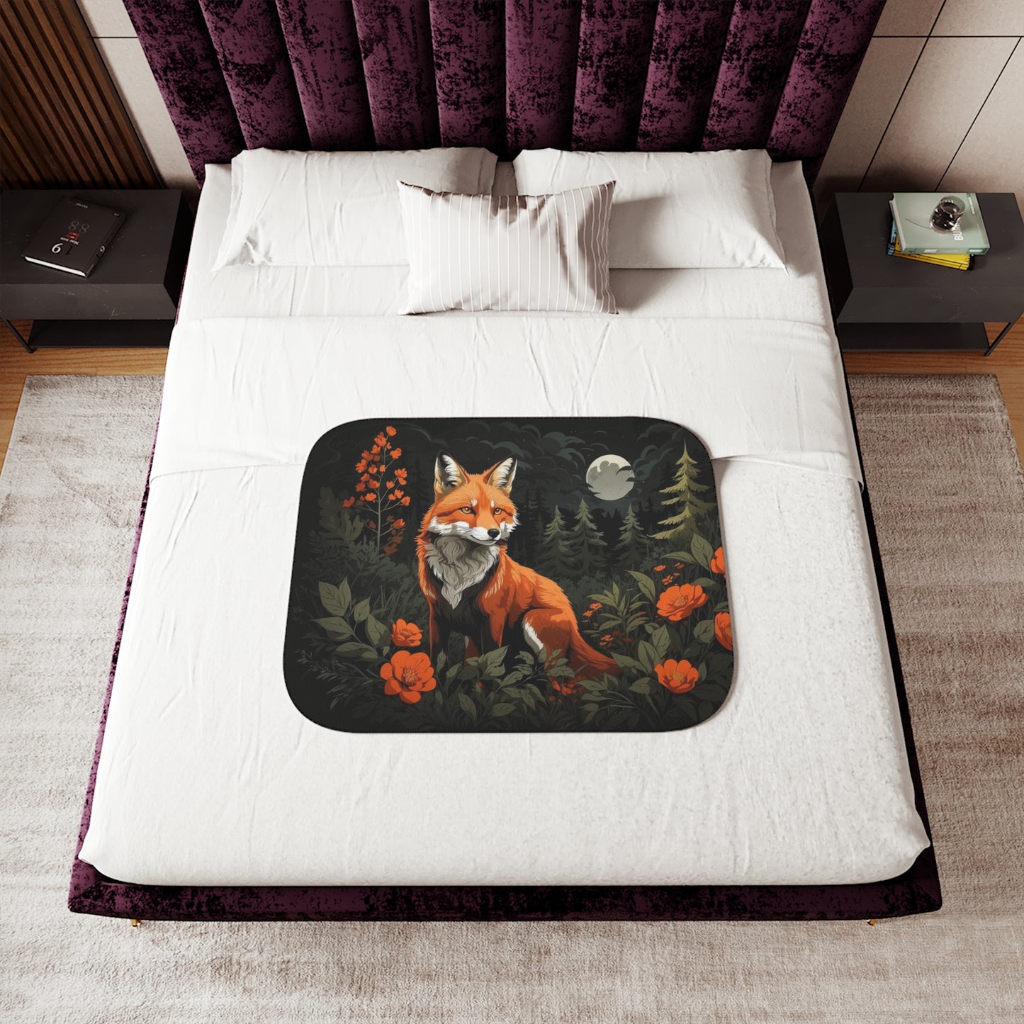 Fox and Flowers Sherpa Blanket, Cottagecore Floral Warm Cozy Blanket Orange and Gray