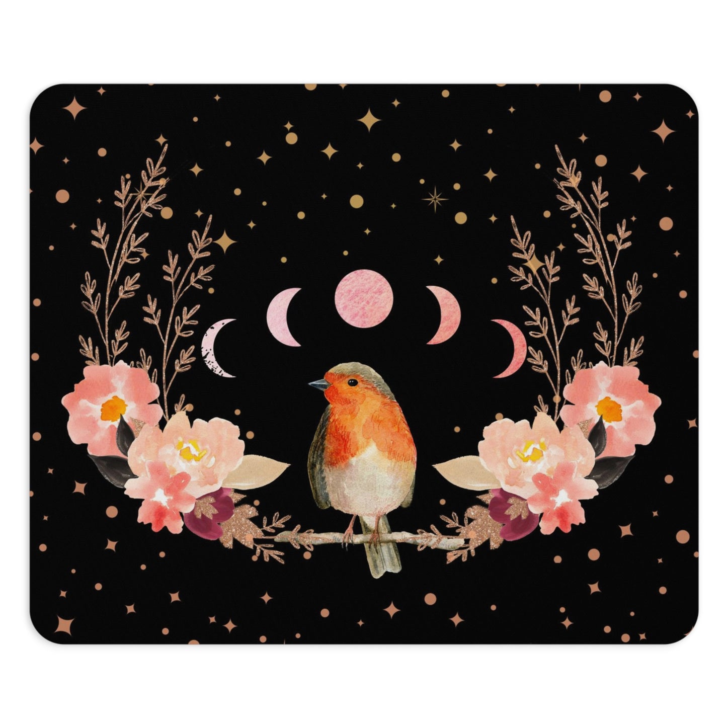 Orange Songbird Peach Flowers Mouse Pad (Round or Rectangle) Cute Floral Office Accessories