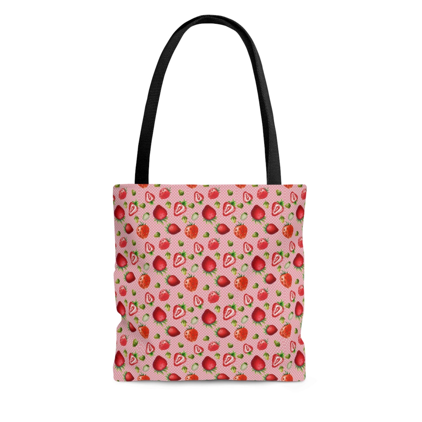 Pink Red Strawberries Tote Bag, Polyester Canvas Tote Bag, Kawaii Fruit Shopping Bag, Reusable Tote
