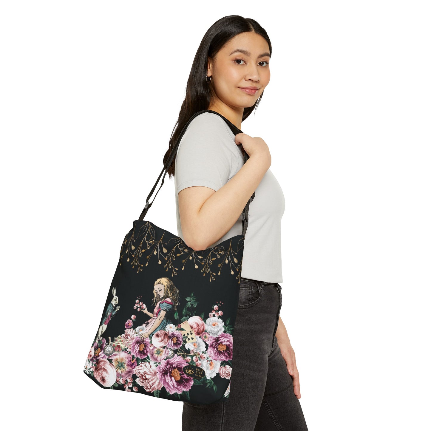 Alice in Wonderland Pink Roses Adjustable Tote Bag