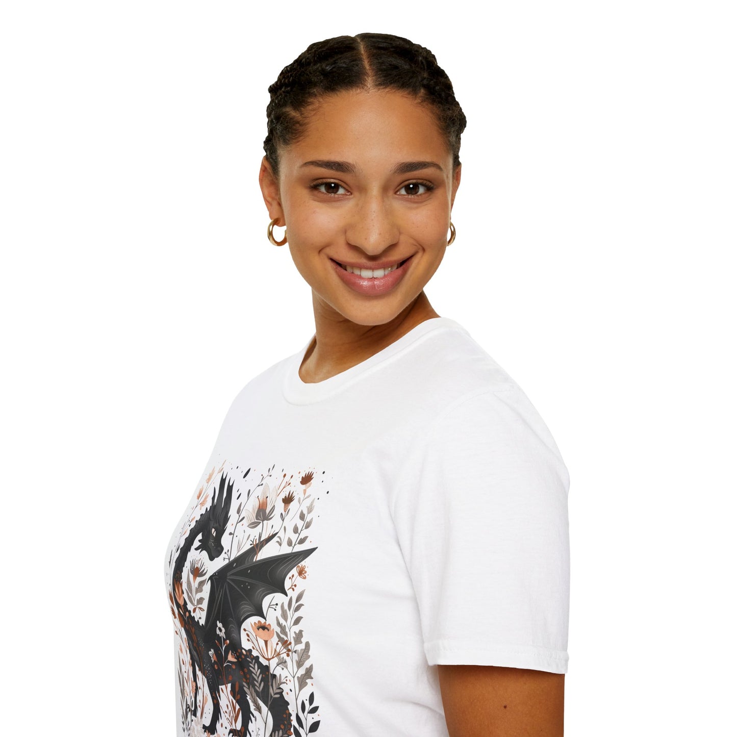 Mystical Dragon Floral Unisex Softstyle T-Shirt, White Tee