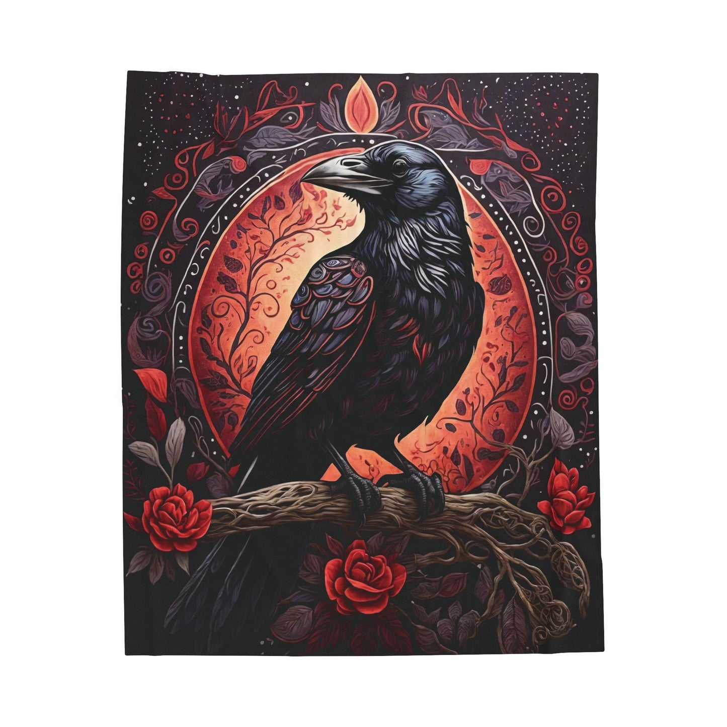 Raven with Flowers Velveteen Plush Blanket Red and Gray