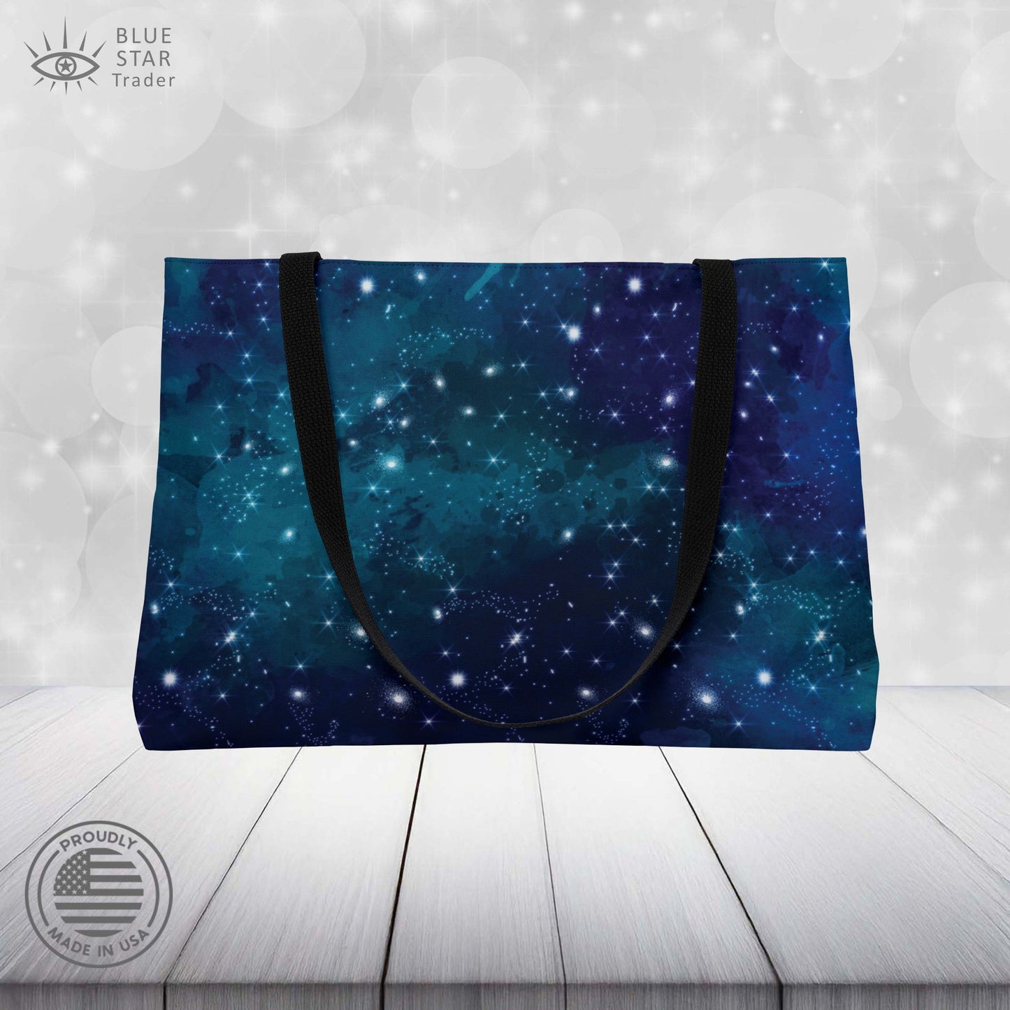 Blue Galaxy Weekender Bag, 24 Inch Large Tote with Black Lining, Celestial Stars Beach Bag