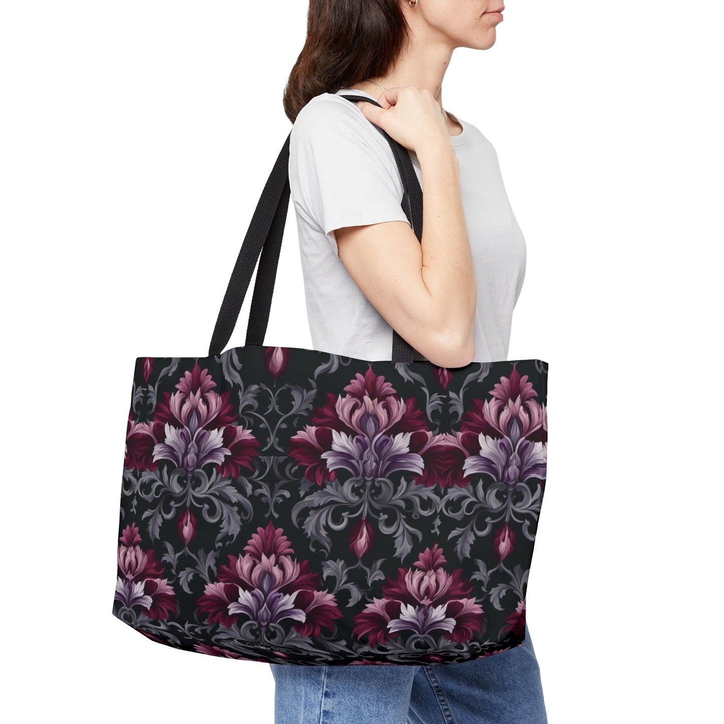 Gothic Red Damask Weekender Bag, Large Goth Floral Tote with Black Lining, Red-Violet Dark Vibes