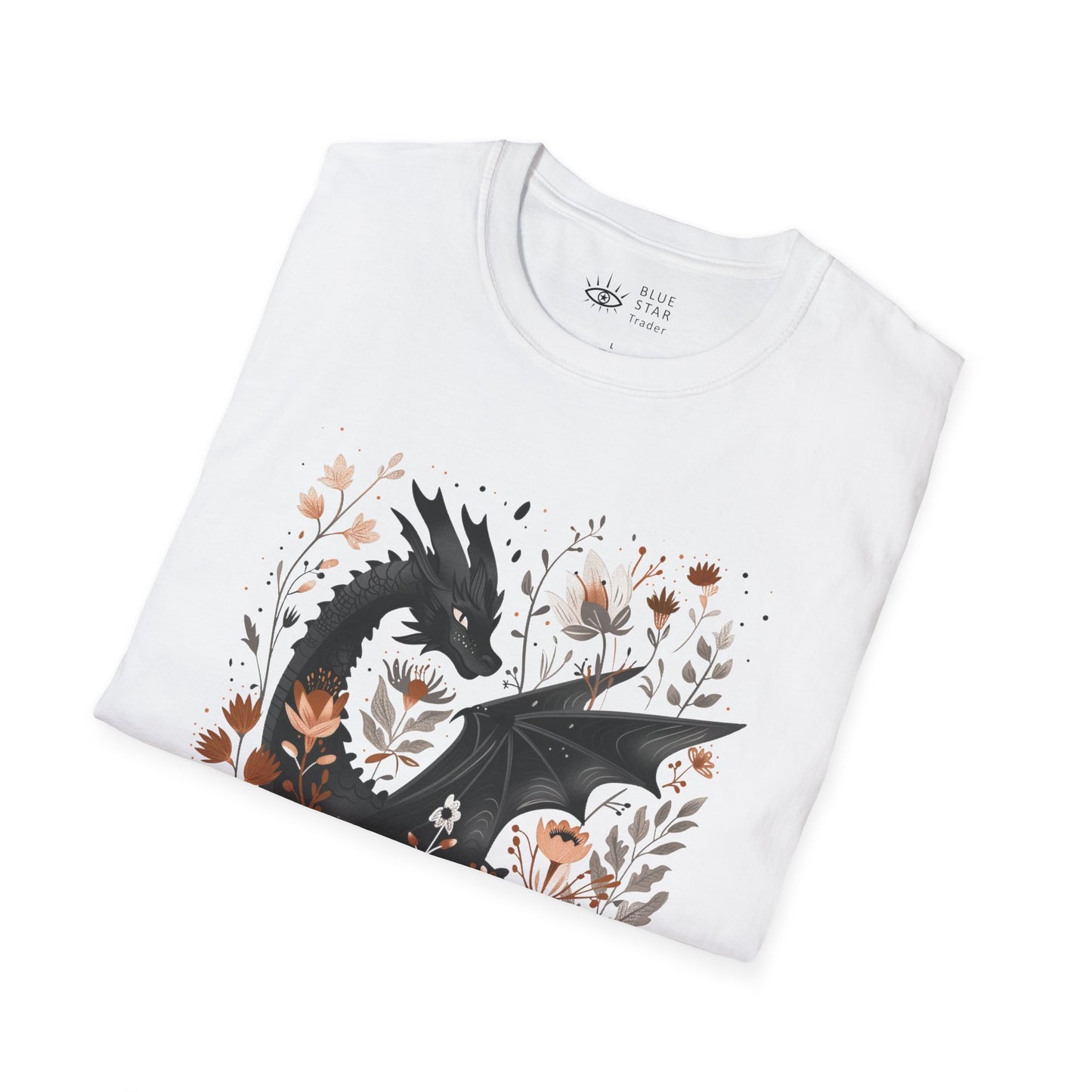 Mystical Dragon Floral Unisex Softstyle T-Shirt, White Tee