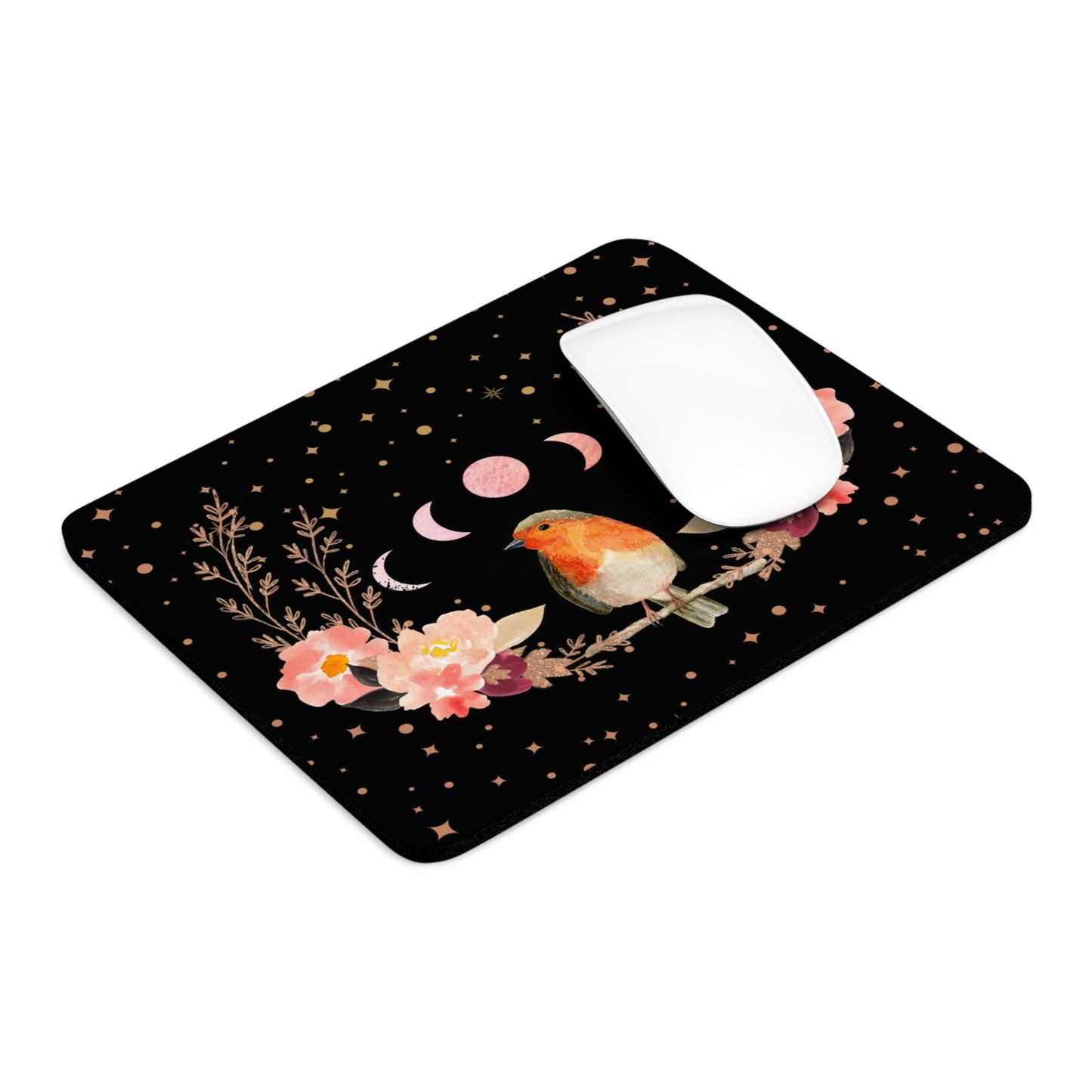 Orange Songbird Peach Flowers Mouse Pad (Round or Rectangle) Cute Floral Office Accessories