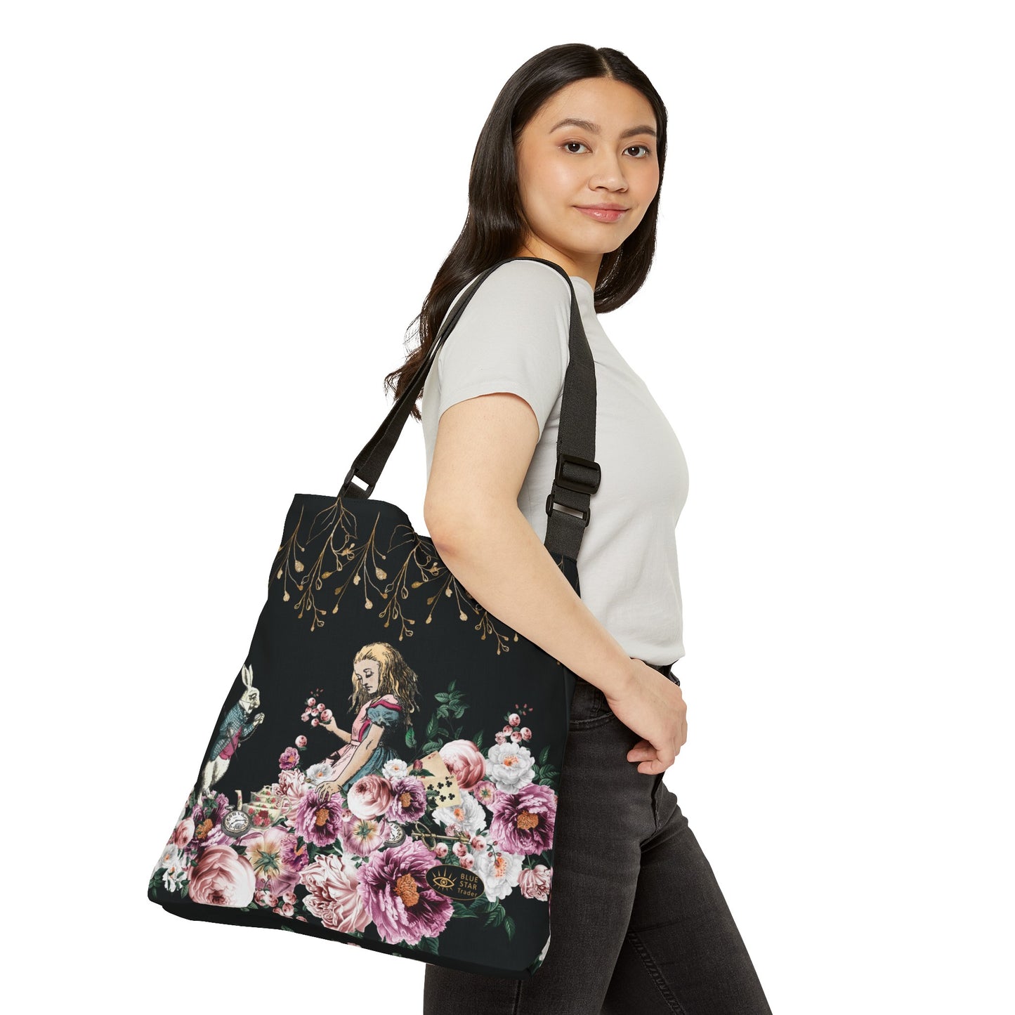 Alice in Wonderland Pink Roses Adjustable Tote Bag