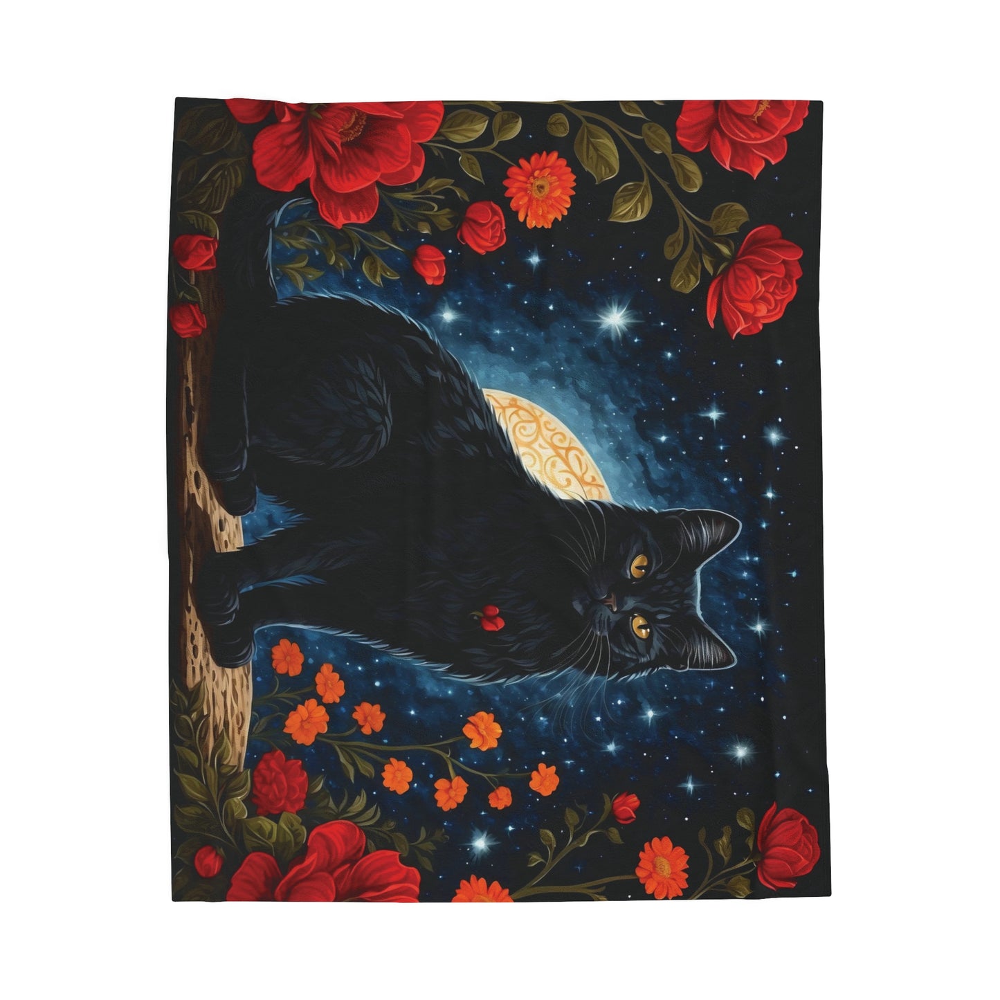 Black Cat with Red Flowers Velveteen Plush Blanket