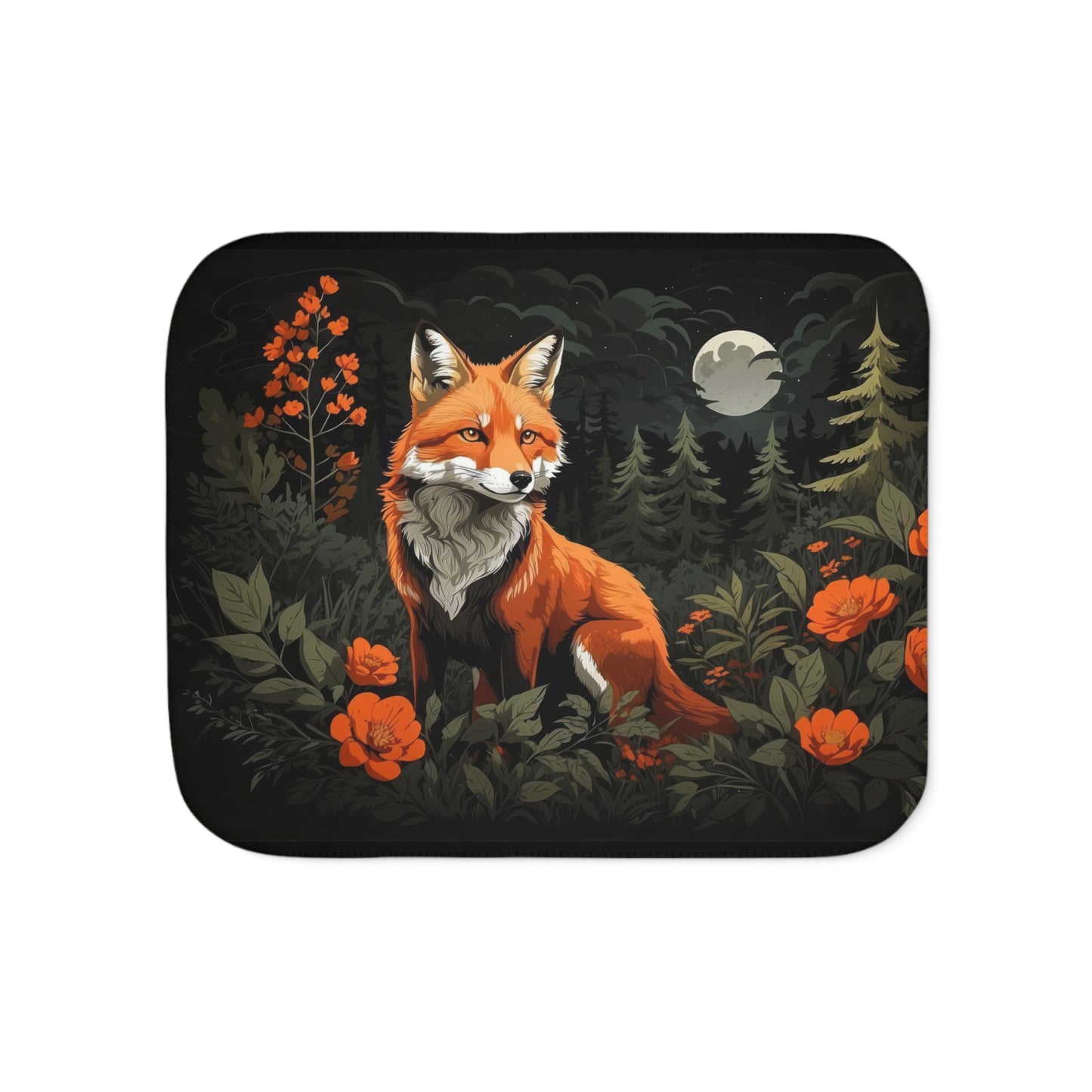 Fox and Flowers Sherpa Blanket, Cottagecore Floral Warm Cozy Blanket Orange and Gray