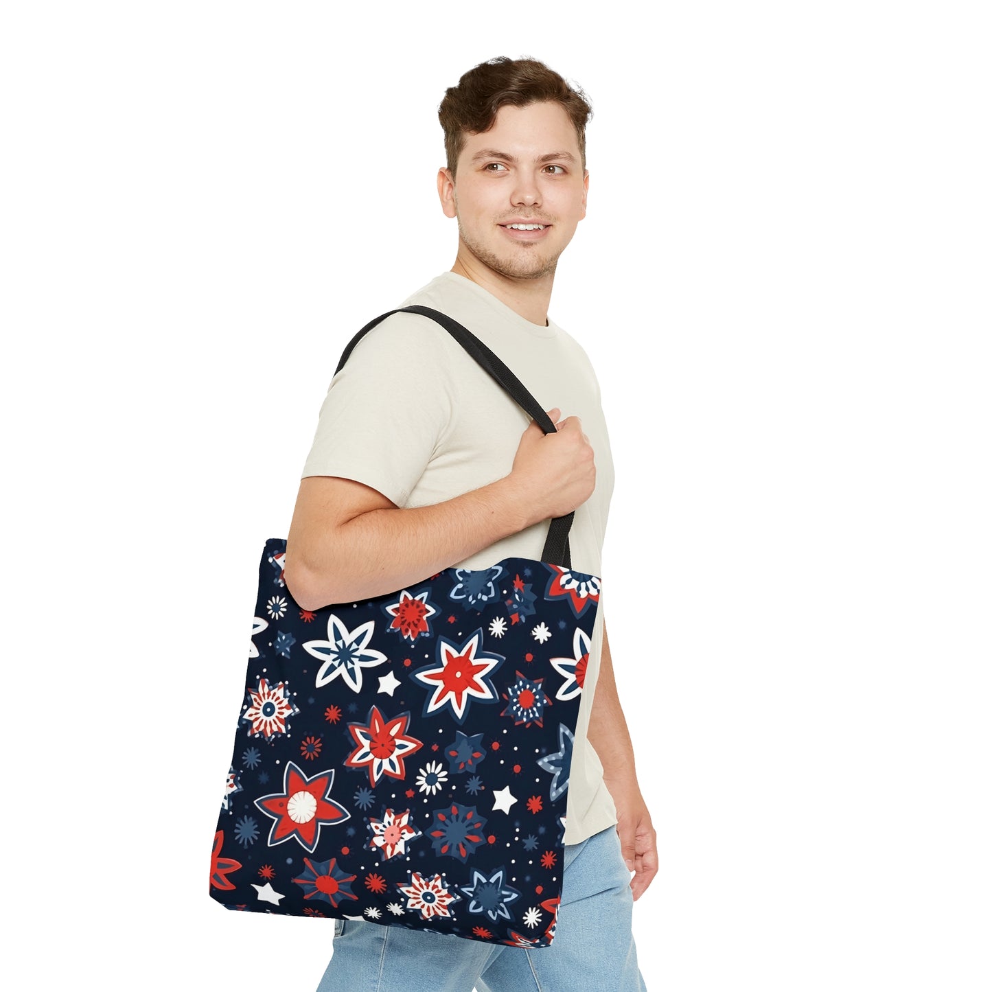Patriotic Flowers Tote Bag, Red White Blue Canvas Tote Bag, Fourth of July Shopping Bag, Reusable Tote, Summer Tote, Fireworks