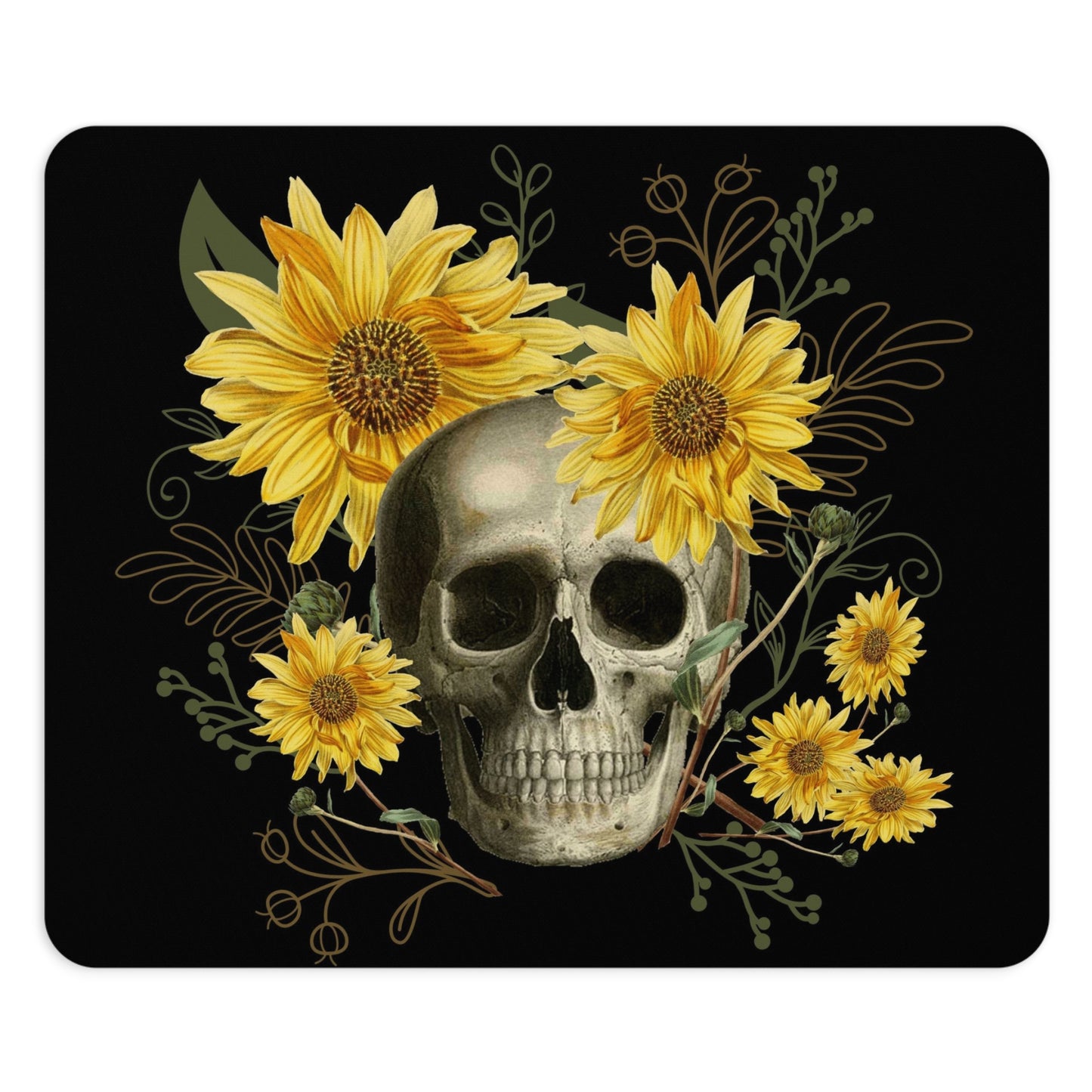 Gothic Skull and Sunflowers Mouse Pad (Round or Rectangle) Cute Goth Floral Office Accessories