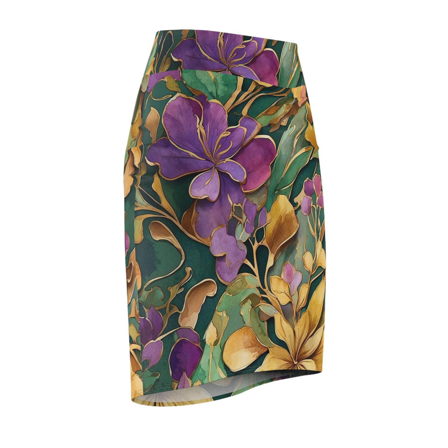Sophisticated Mardi Gras Floral Skirt, Women's Pencil Skirt, Abstract Purple Green Knee Length Stretch Skirt for Office Casual or Costume