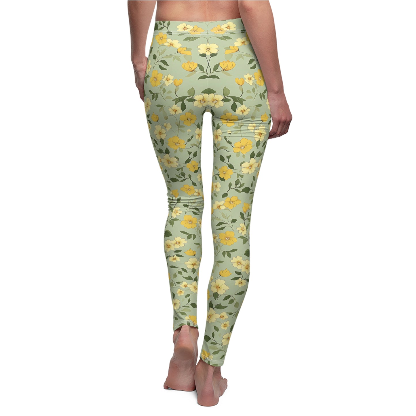 Light Green Spring Floral Leggings, Womens Stretch Pants