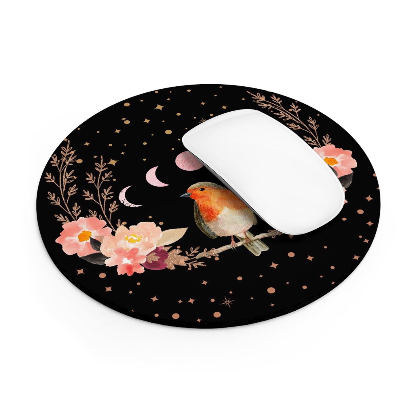 Orange Songbird Peach Flowers Mouse Pad (Round or Rectangle) Cute Floral Office Accessories