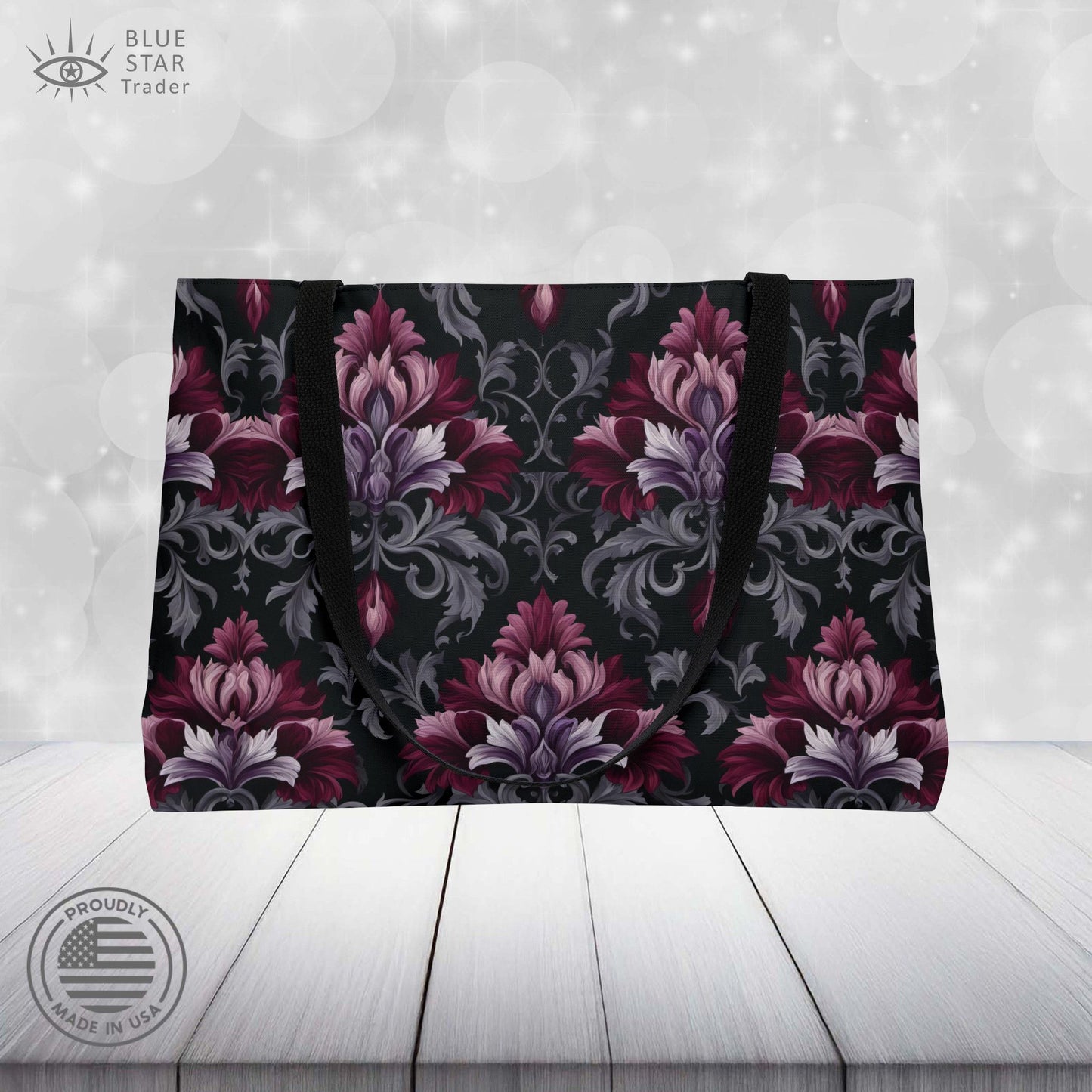 Gothic Red Damask Weekender Bag, Large Goth Floral Tote with Black Lining, Red-Violet Dark Vibes