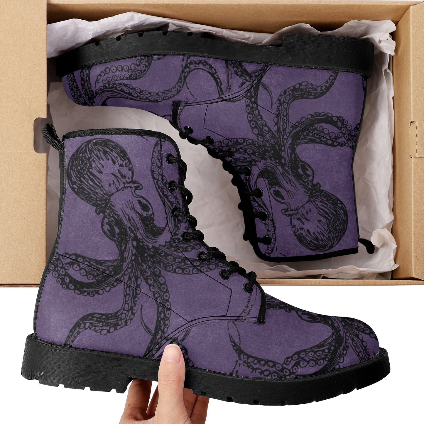 Womens Purple Octopus Boots, Vegan Combat Boots