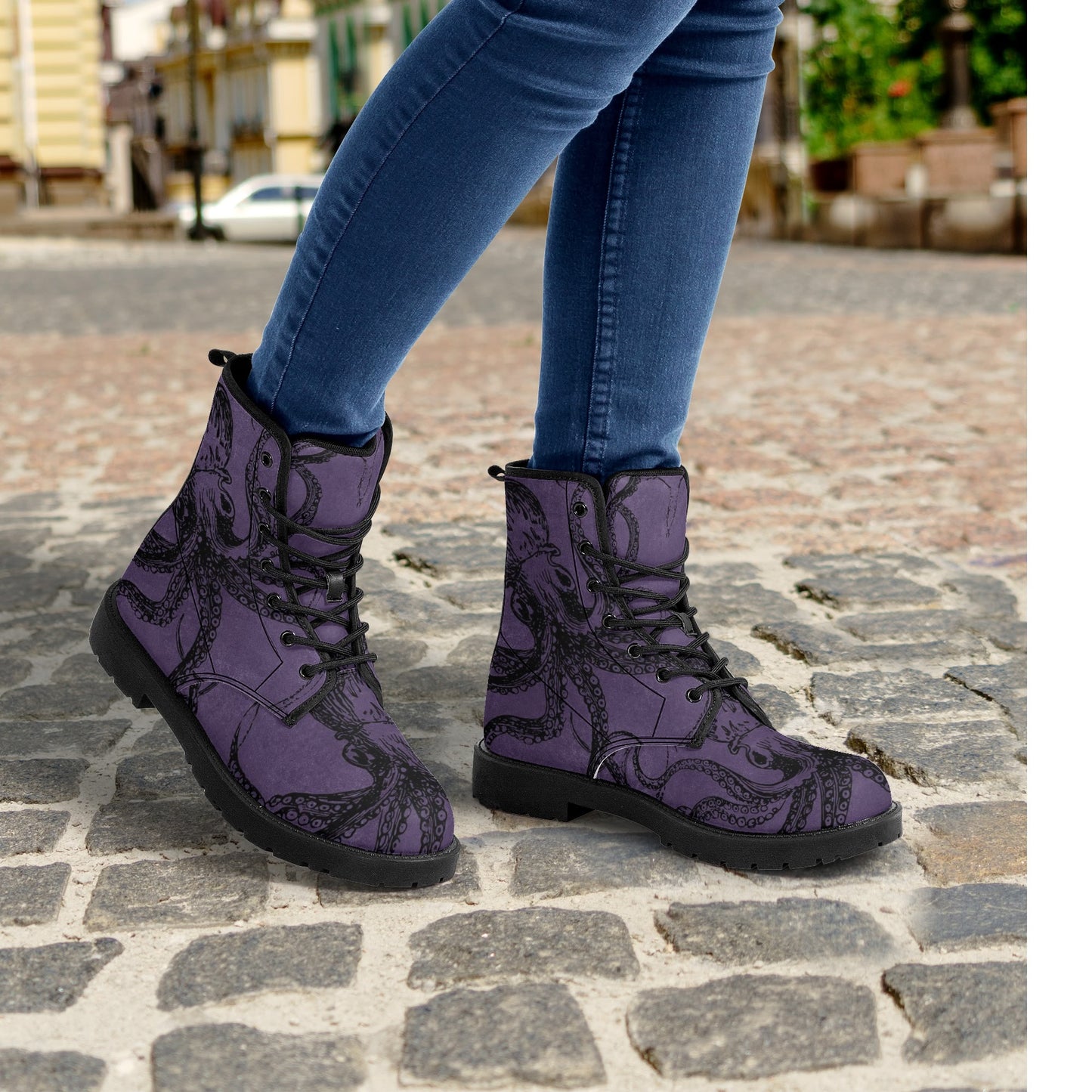 Womens Purple Octopus Boots, Vegan Combat Boots