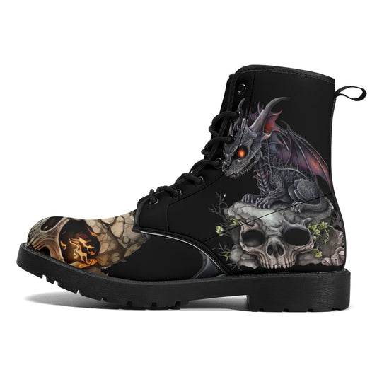 Scary Baby Dragon and Skulls Black Mens Vegan Boots