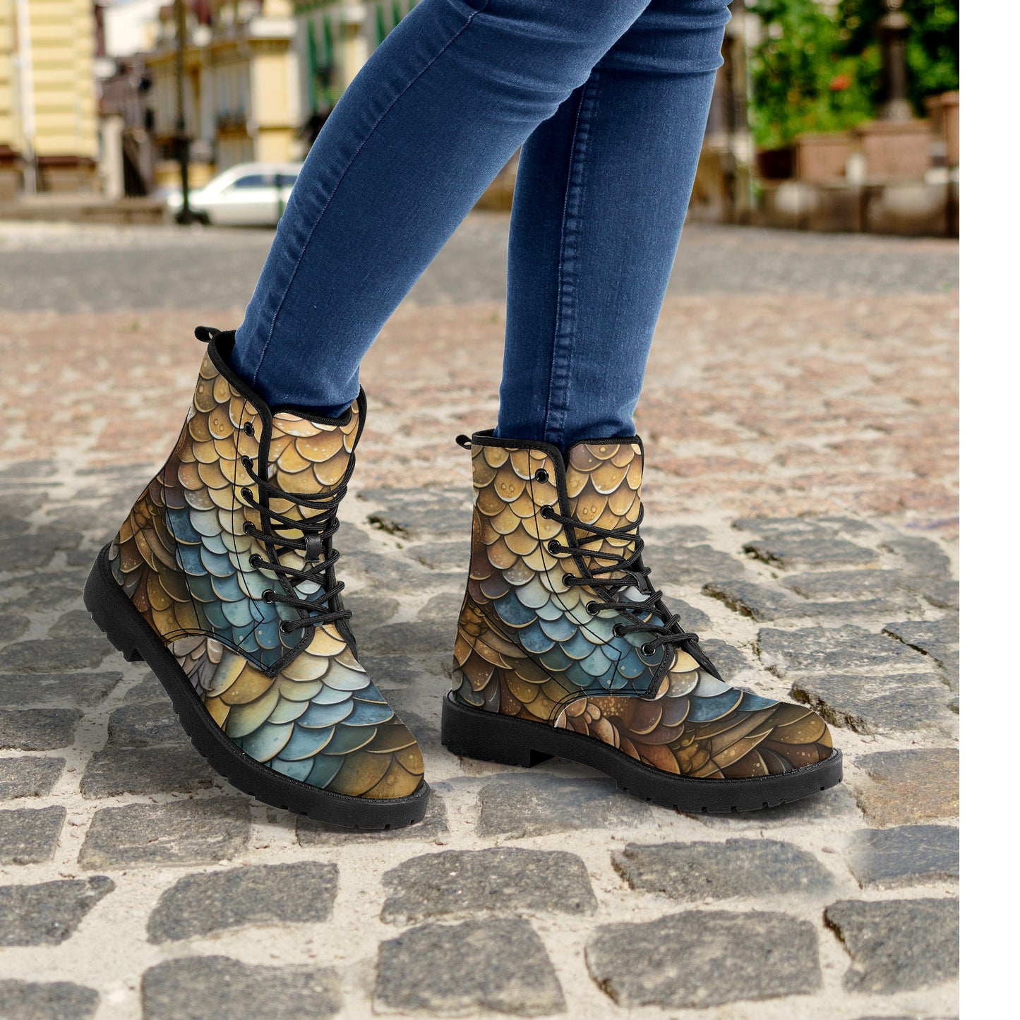 Dragon Scales Brown Blue Womens Vegan Boots