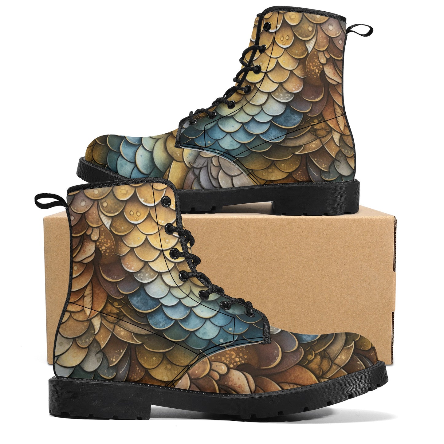 Dragon Scales Brown Blue Womens Vegan Boots