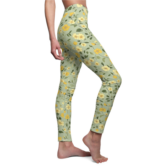 Light Green Spring Floral Leggings, Womens Stretch Pants