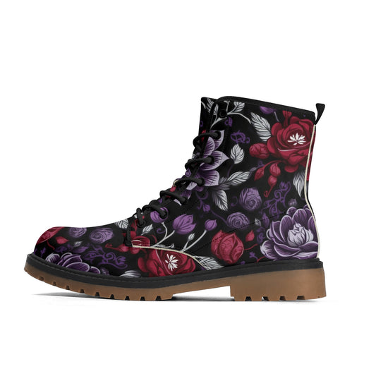Goth Purple & Red Flowers Womens Luxe Combat Boots