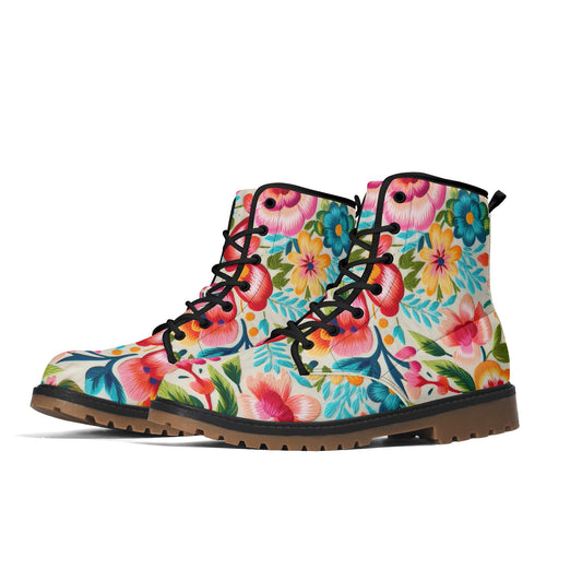Colorful Flowers Womens Faux Embroidered Luxe Combat Boots