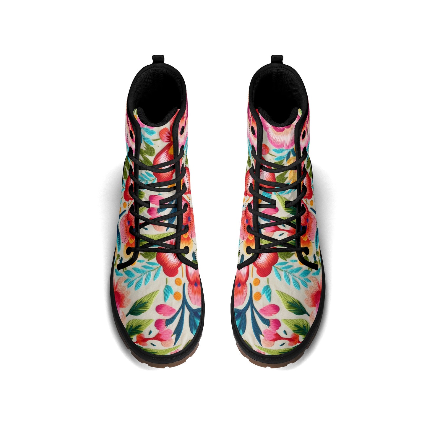 Colorful Flowers Womens Faux Embroidered Luxe Combat Boots