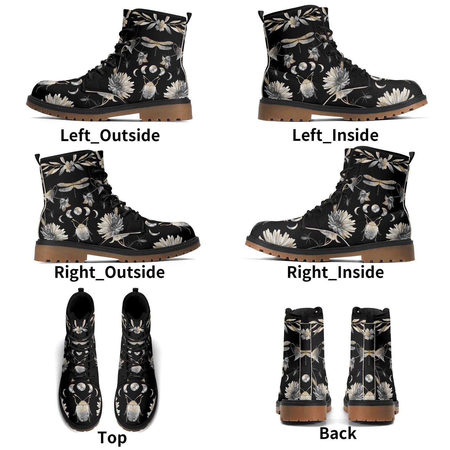 Gray Beetle and Moon Phases Womens Luxe Combat Boots