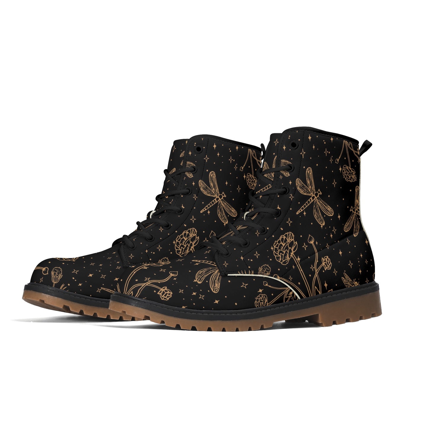 Dragonfly Flowers Womens Luxe Black Combat Boots
