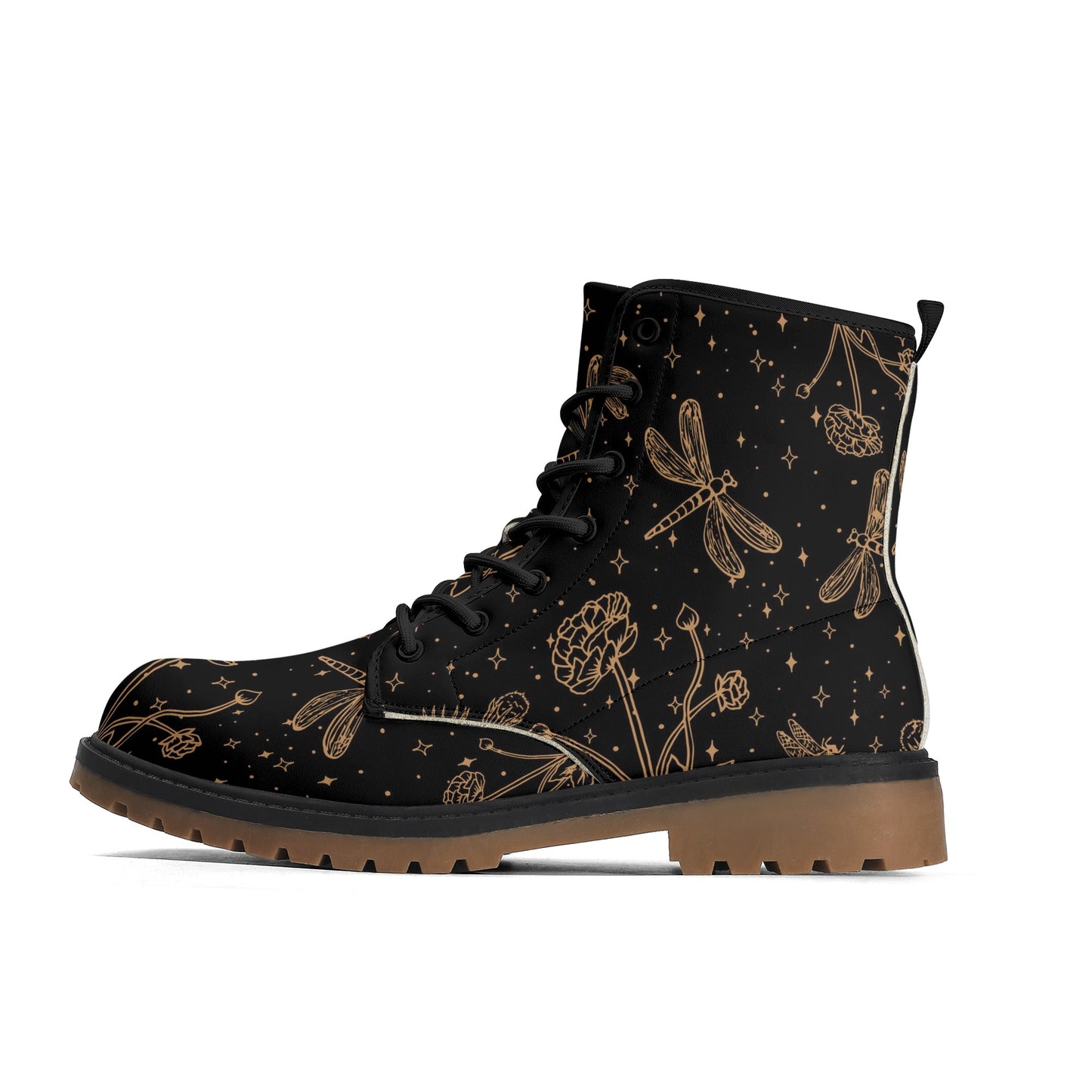 Dragonfly Flowers Womens Luxe Black Combat Boots