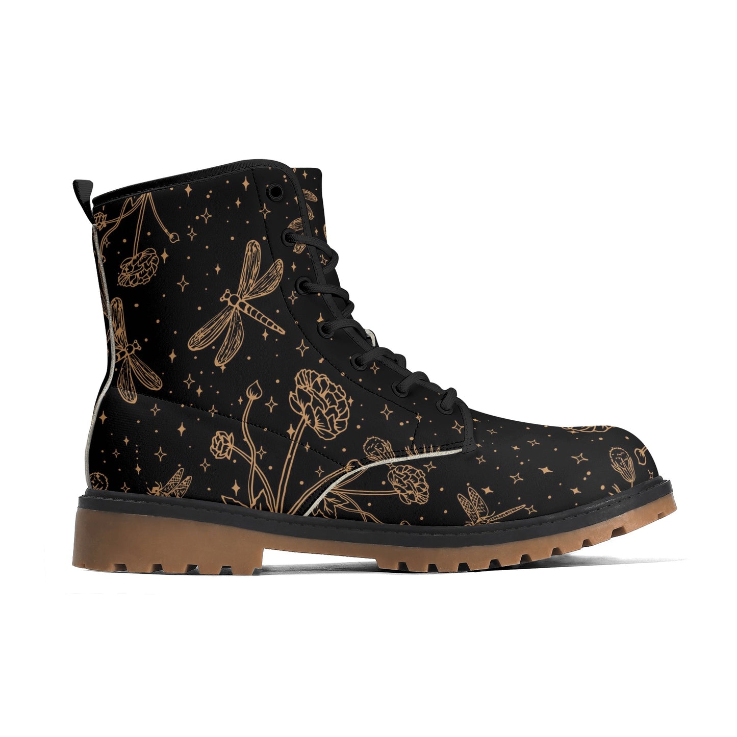 Dragonfly Flowers Womens Luxe Black Combat Boots