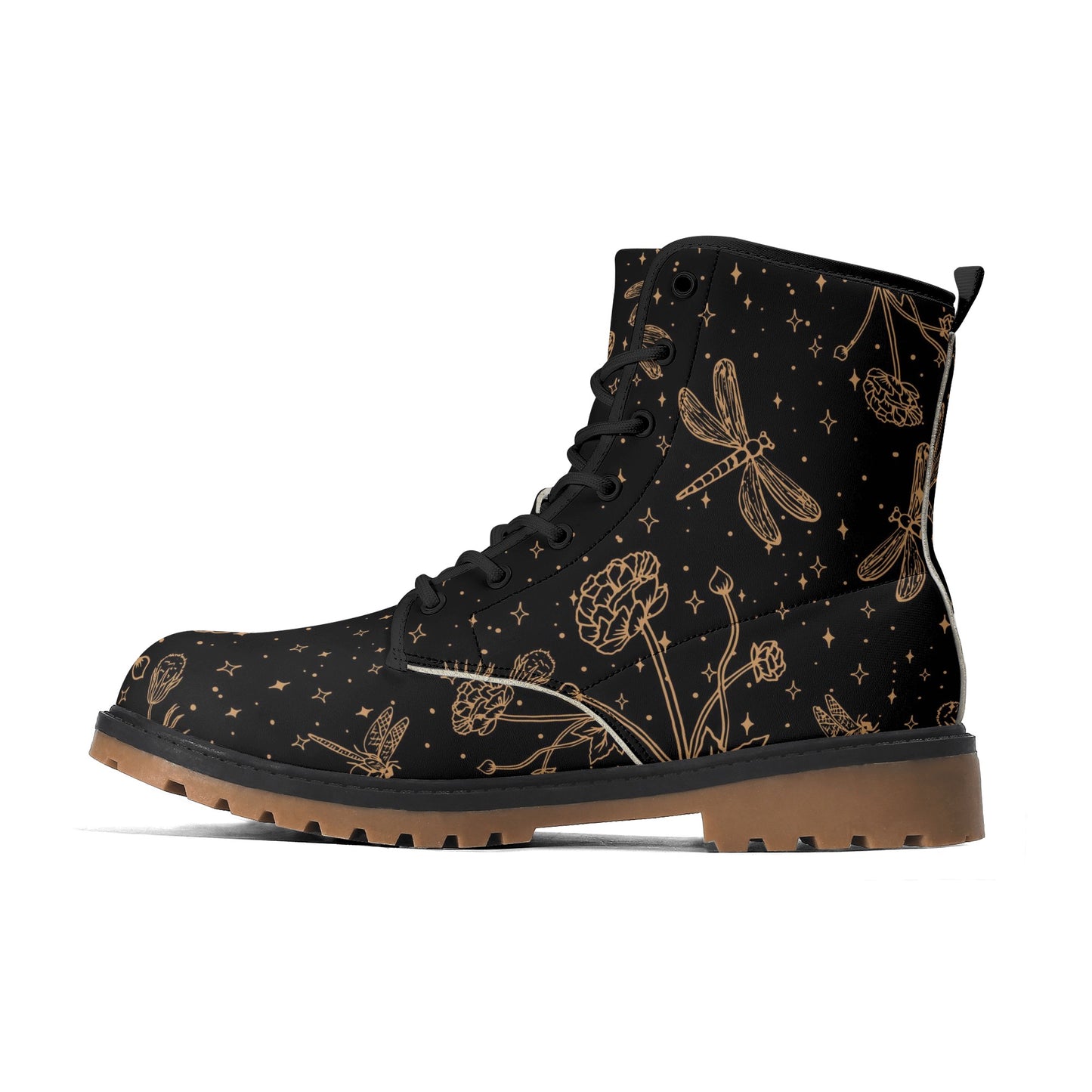 Dragonfly Flowers Womens Luxe Black Combat Boots