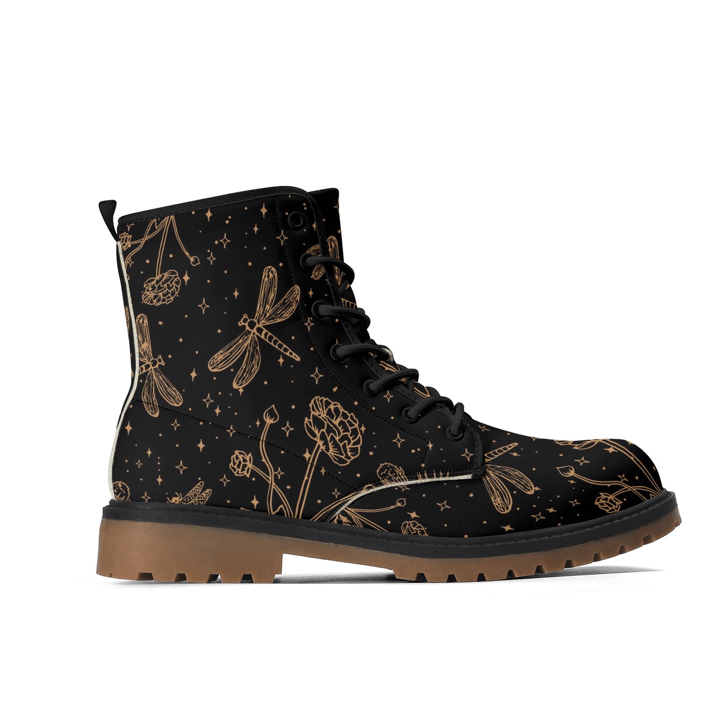 Dragonfly Flowers Womens Luxe Black Combat Boots