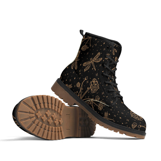 Dragonfly Flowers Womens Luxe Black Combat Boots
