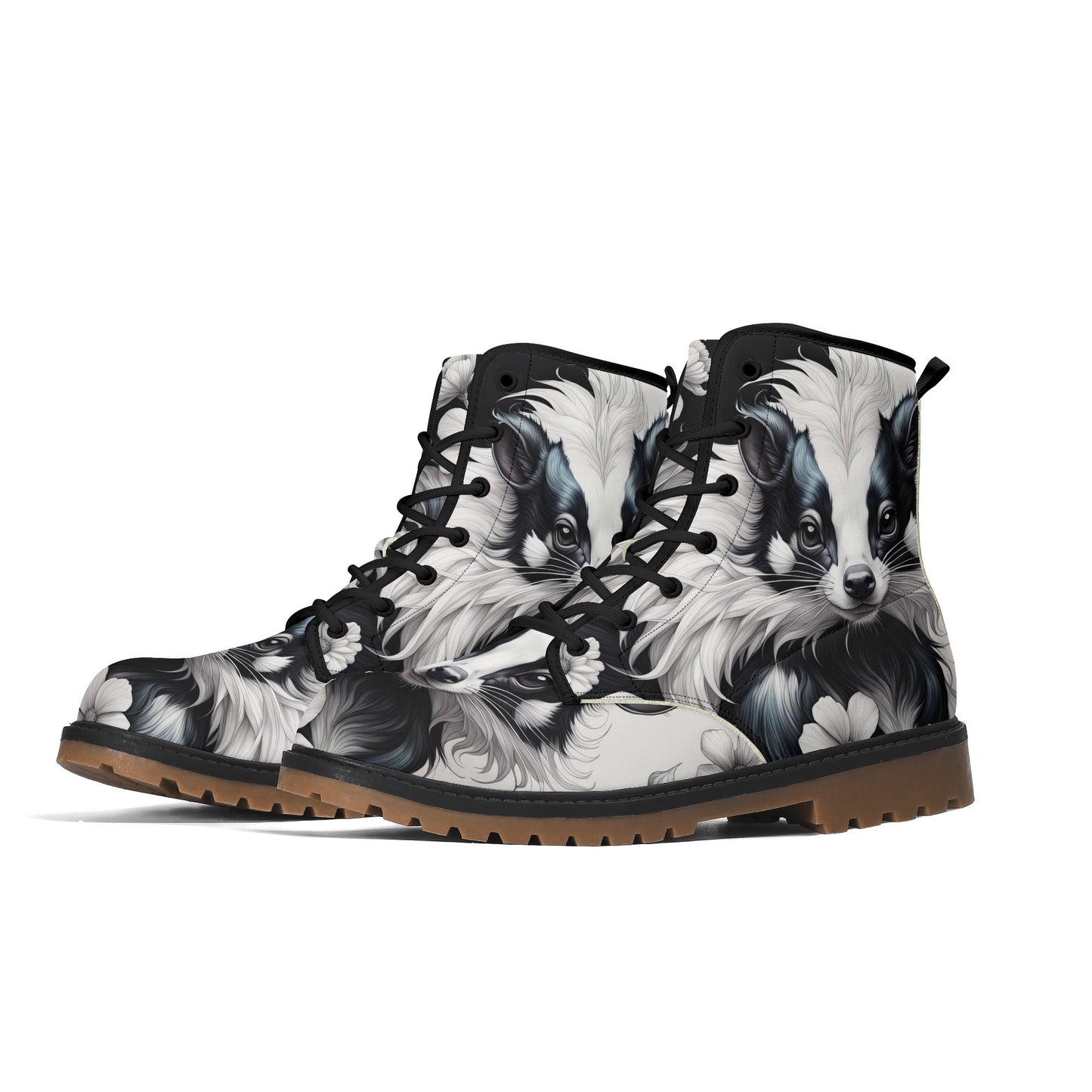 Cute Skunk Boots, Black White Womens Combat Boots