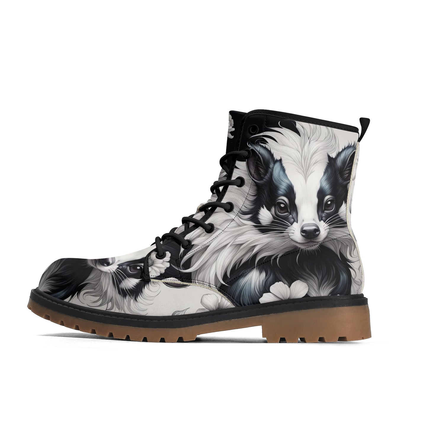 Cute Skunk Boots, Black White Womens Combat Boots