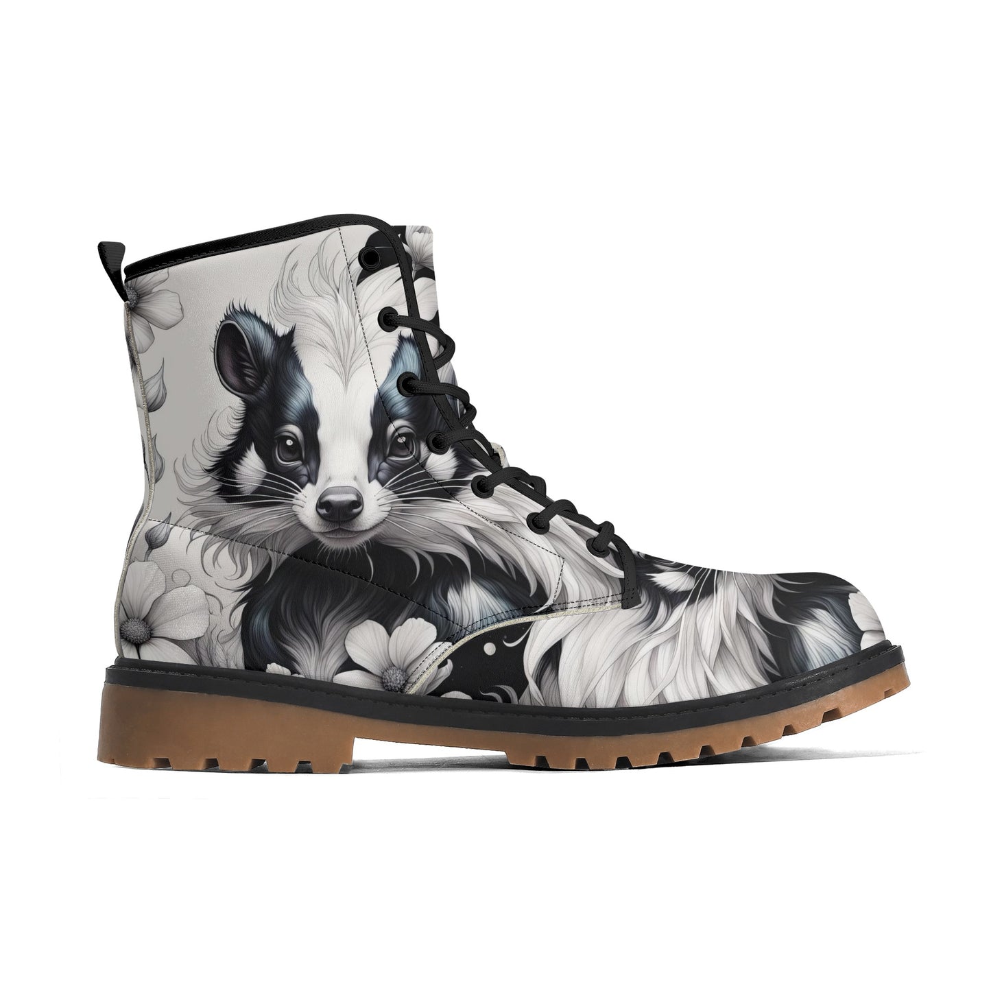 Cute Skunk Boots, Black White Womens Combat Boots