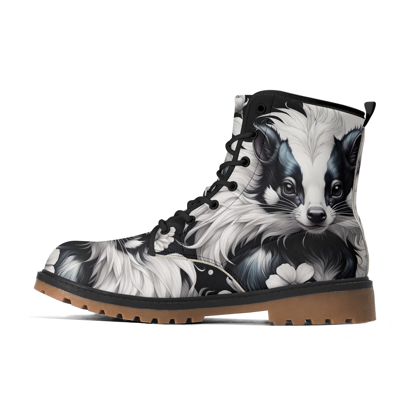 Cute Skunk Boots, Black White Womens Combat Boots