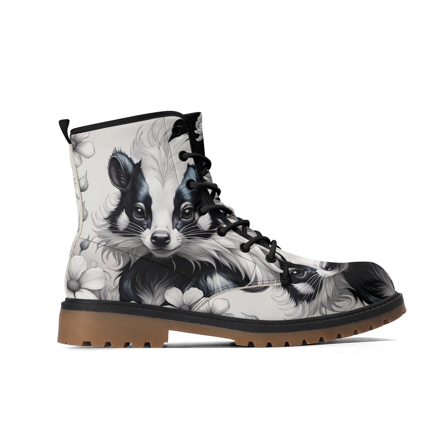 Cute Skunk Boots, Black White Womens Combat Boots