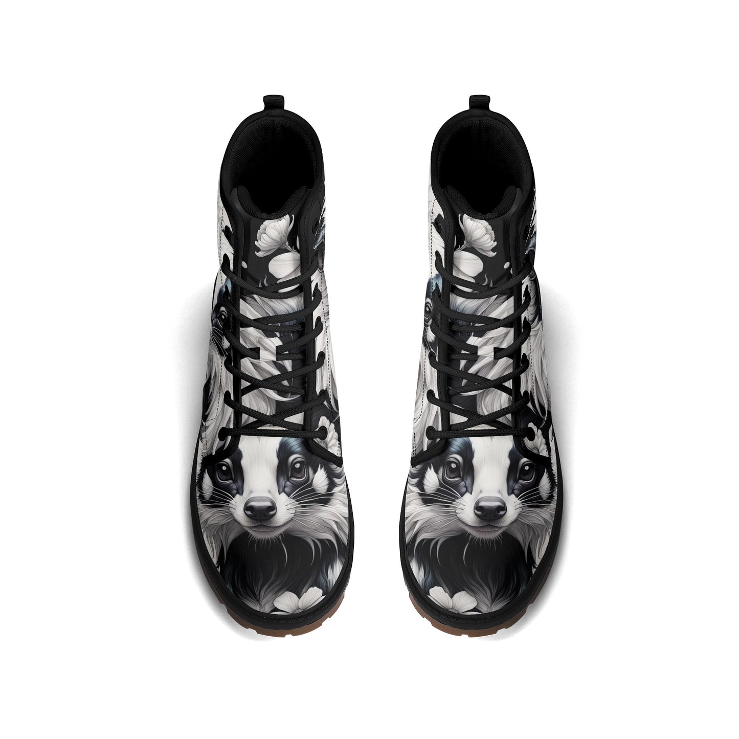 Cute Skunk Boots, Black White Womens Combat Boots