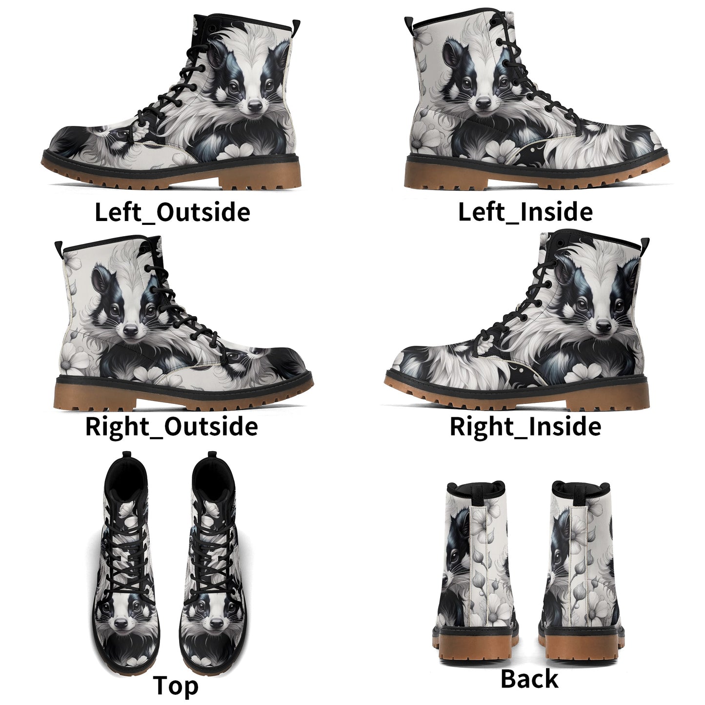 Cute Skunk Boots, Black White Womens Combat Boots