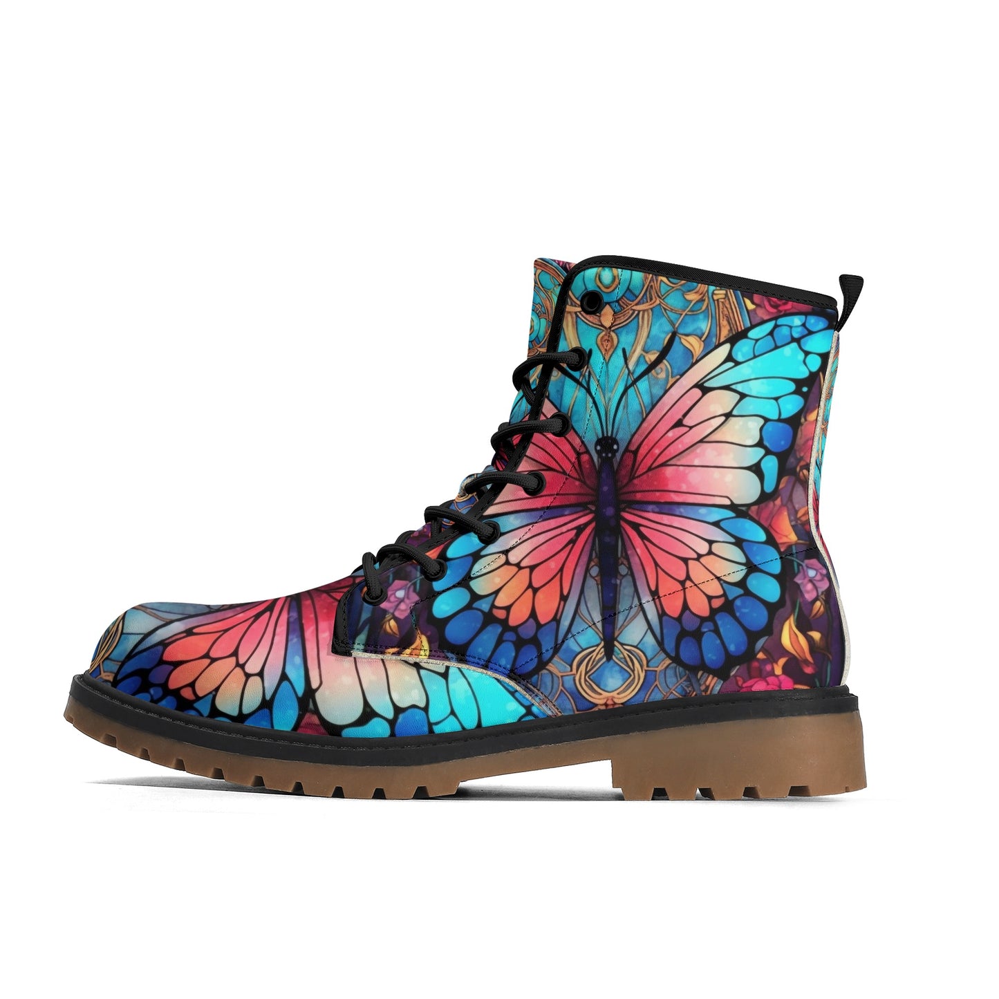 Blue Red Butterfly Stained Glass Womens Combat Boots