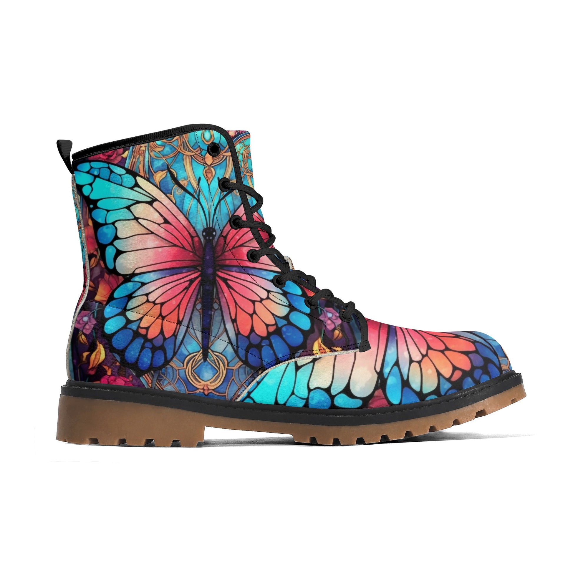 Blue Red Butterfly Stained Glass Womens Combat Boots