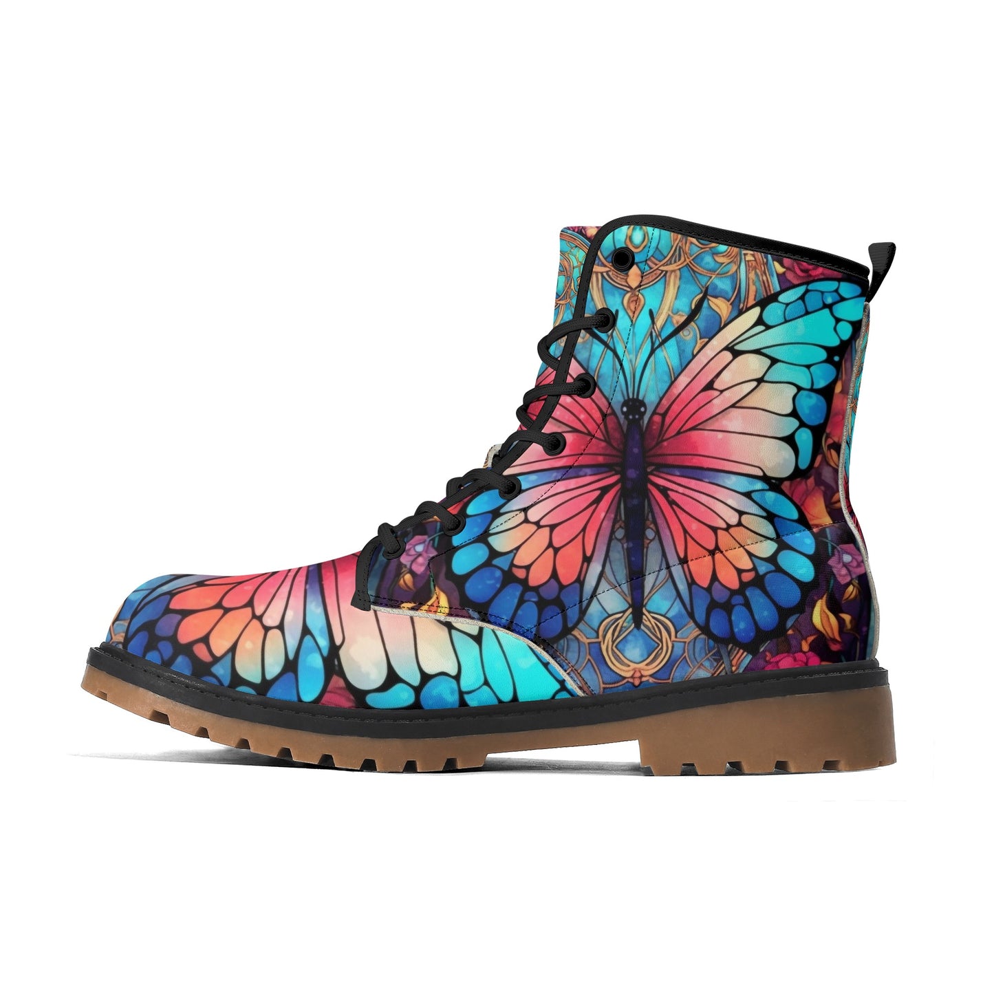 Blue Red Butterfly Stained Glass Womens Combat Boots